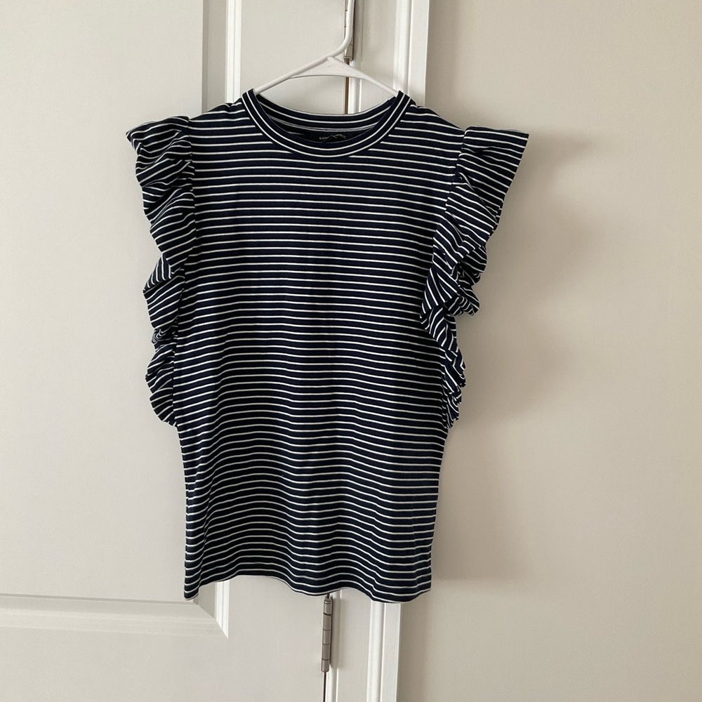 Banana Republic Navy and White Striped Ruffle Blouse